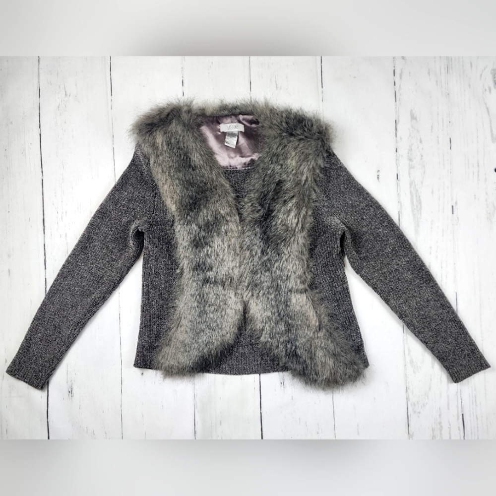 La Seine Women's Size Medium Gray Faux Fur Cardigan Sweater